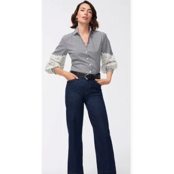 Chico's Poplin Stripe Crochet Puff Sleeve Button Front Shirt Top Blouse sz 10 US - Picture 8 of 10